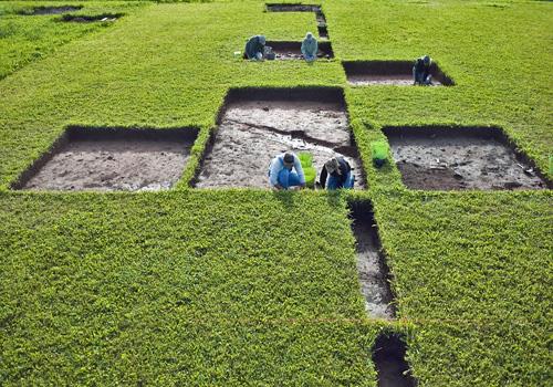 General view showing the cellar depressions that demarcate the buildings that once made up the settlement.; Parks Canada Agency / Agence Parcs Canada.