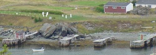 View looking across New Perlican Harbour of St. Matthew's United Church Southside Cemetery, New Perlican, NL.; Joe LaFitte 2009