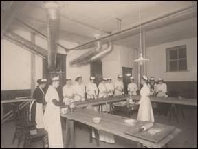 Women receiving cooking lessons in the basement of the library.; Reuben R. Sallows, (1855 – 1937), n.d.