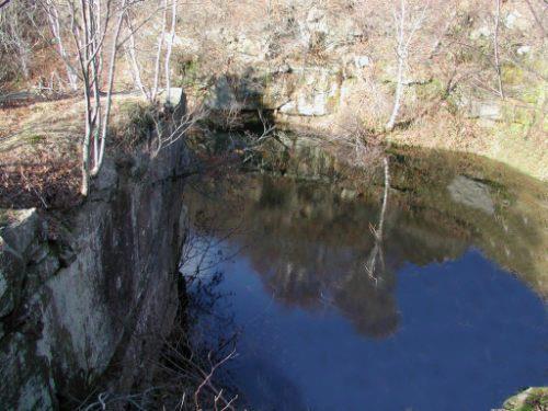 View of the pits of the former quarry that have accumulated water; Memramcook Valley Historical Society