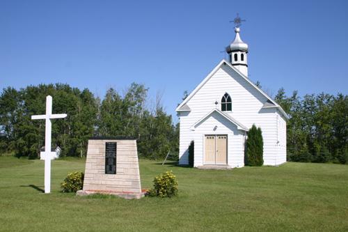 Primary elevations, from the southeast, of Lakedale Holy Ghost Ukrainian Catholic Church, Angusville area, 2009; Historic Resources Branch, Manitoba Culture, Heritage and Tourism, 2009