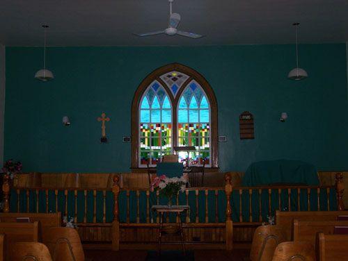 Interior, altar and stained glass window, Stormont Union Church, Stormont, NS; Heritage Division, NS Dept. of Tourism, Culture and Heritage, 2009
