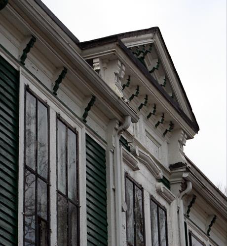 This image shows the ornamental gable and cornice; City of Saint John, 2008