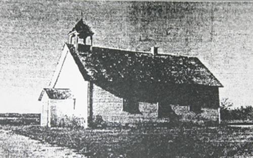 Archival view of the Crane River Reserve Catholic Church Site, O-Chi-Chak-Ko-Sipi First Nation Reserve, ca. 1940; Historic Resources Branch, Manitoba Culture, Heritage and Tourism, 2010