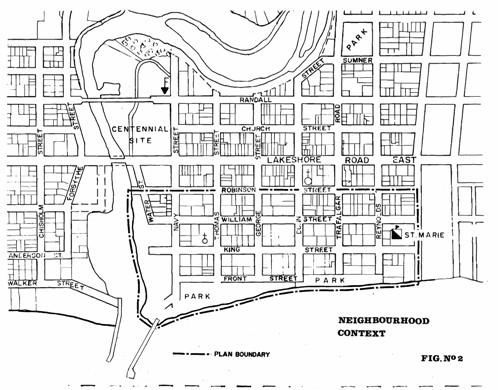 Featured are the district boundaries and street layout.; Old Oakville District Plan, City of Oakville, 1981.
