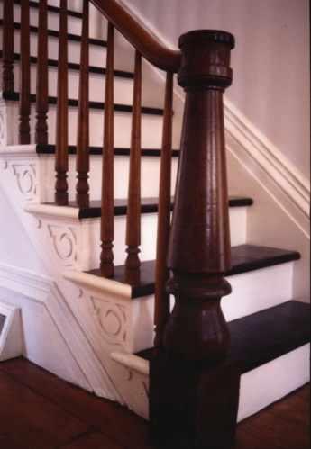 Detail of newel post and decorated brackets of the staircase – 1989; OHT, 1989