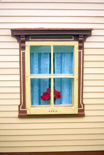 View of a window showing the carved and painted detail in the trim, the large rain cap and heavy brackets. Photo taken about 1995.; HFNL 2009