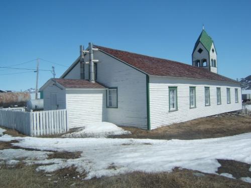 View of rear facade of Moravian Church, Nain, Labrador. Photo taken June 2009.; HFNL 2009