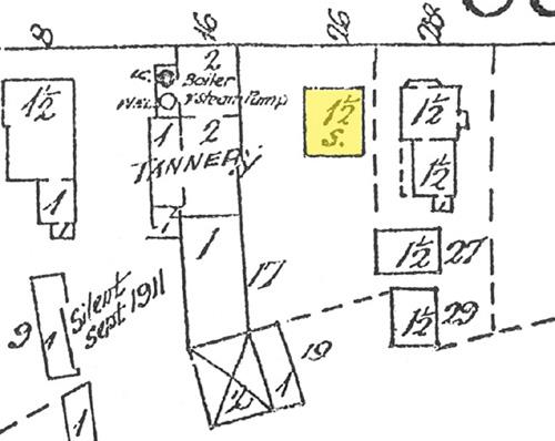 Detail from a 1906 map of Richibucto. The Renzetta Residence is visible (coloured in yellow on this map) which was still a shoemaker's shop at the time. To its left is the McMinn tannery complex.; Public