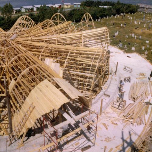 Photo of the forms used for the concrete roof during the construction of the church in 1963; Private collection