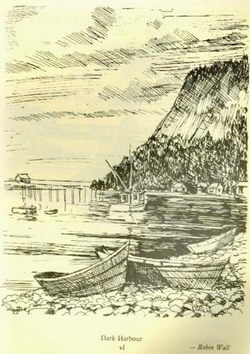 Robin Wall sketched this image of the Dark Harbour cliffs surrounding the pond and it shows a dory, a style of boat used by the people who harvest dulse from the back side of Grand Manan Island. ; Robin Wall image, Grand Manan Archives