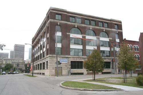 Pimary elevations, from the northeast, of the Smart Bag Company Building, Winnipeg, 2009; Historic Resources Branch, Manitoba Culture, Heritage and Tourism, 2009