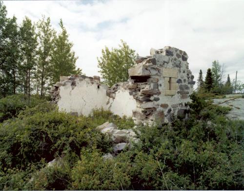 Primary elevation, of the Powder Magazine Remains, Norway House, ca. 1985; Historic Resources Branch, Manitoba Culture, Heritage and Tourism, 1985