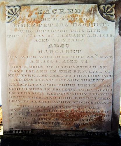 This image shows a close-up view of the inscription on the obelisk tombstone; Village of Gagetown