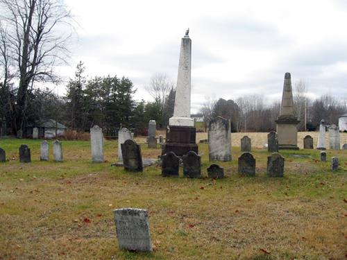 This image shows obelisk tombstones amongst smaller tombstones; Village of Gagetown