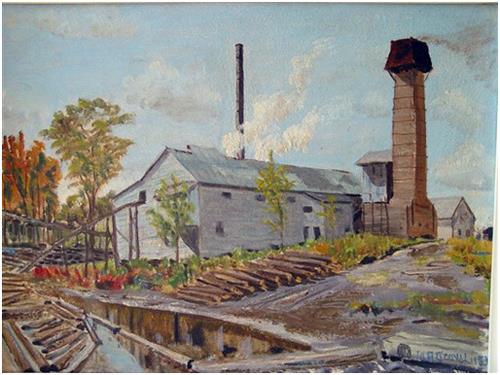 This painting by Morris Scovil depicts the working Reid's Mill along the water; Queens County Heritage Collection