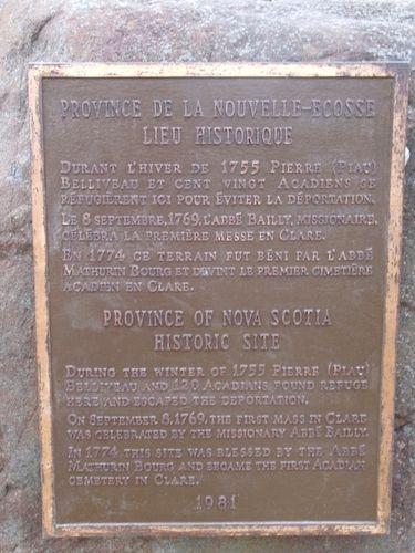 The provincial plaque on the stone cairn at the Pointe à Major Cemetery, Belliveau's Cove, NS; Heritage Division, NS Dept. of Tourism, Culture & Heritage, 2009