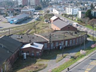 Aerial view of the E&N Roundhouse, 2004.; City of Victoria, Steve Barber, 2004.