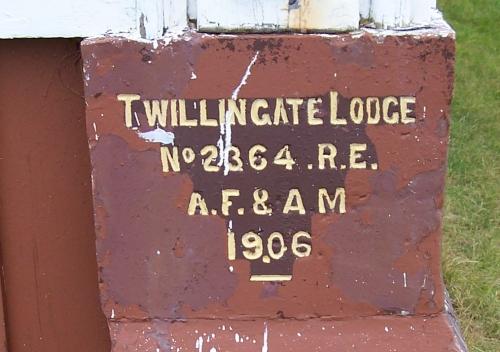View of the cornerstone of Twillingate Masonic Temple, Twillingate, NL. Photo taken 2004. ; HFNL/Andrea O'Brien 2010