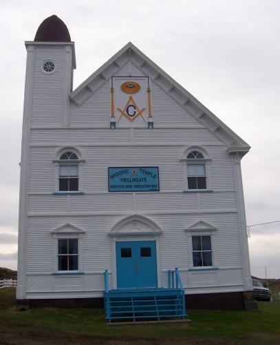 View of the front facade of Twillingate Masonic Temple, Twillingate, NL. Photo taken 2005. ; HFNL/Andrea O'Brien 2010