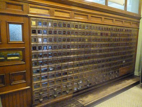 This image shows the original 1913 mail boxes which are similar to the brass and glass mail boxes on display in the Canadian Museum of Civilization in Gatineau.; Village of Hillsborough