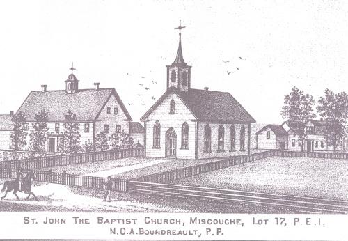 Engraving of an earlier church on the site; Meacham's Illustrated Historical Atlas of PEI, 1880