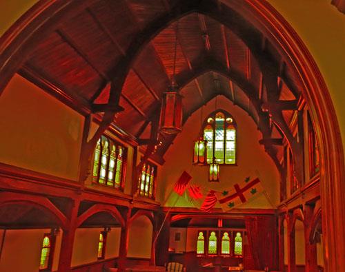 View of the interior taken from the pulpit. The interior conveys the impression of an overturned shipd's hull.; Village of Hillsborough