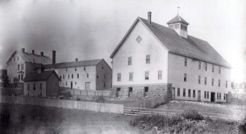 Historic image of the barn and house.; Village of Dorchester