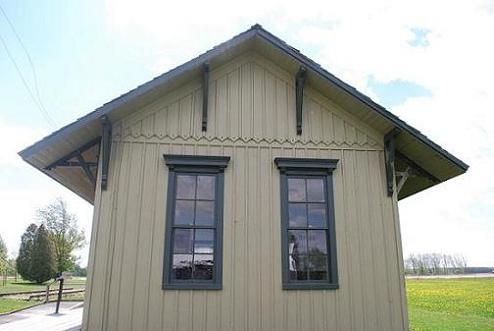 Station's exterior features, including the decorative knee braces and handsome gable ends; Photographs taken by Dana Johnson, May 4th, 2010, with permission of  the Oil Museum of Canada