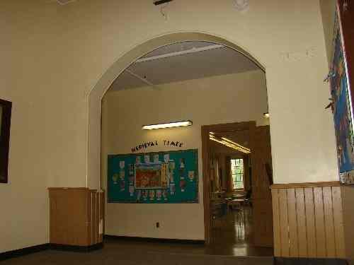 View of interior hallway and wainscoting in the Dundas Central School; OHT, 2009