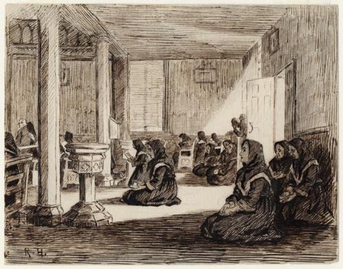 Robert Harris drawing of Acadian nuns at prayer; Confederation Centre Art Gallery and Museum