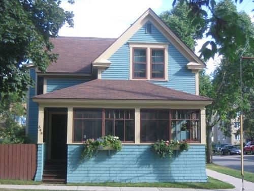 Front facing view of Scarr Cottage showing enclosed front porch; City of Fredericton