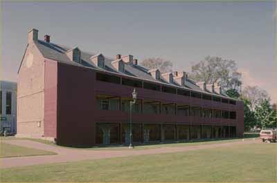 View of the Soldiers' Stone Barracks on the compound site; Parks Canada Agency / Agence Parcs Canada, 1989
