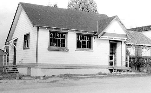Exterior view after relocation and before restoration, 1980.; Maple Ridge Museum and Archives, P03101