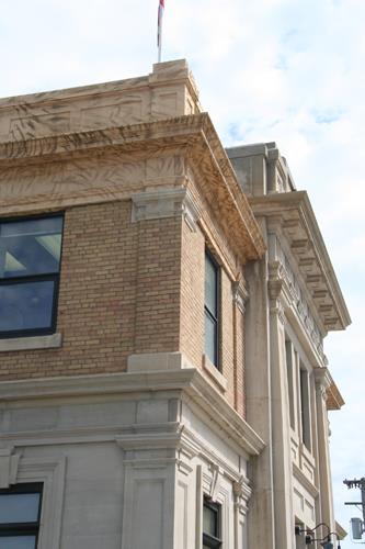 Façade detail of the Canadian Pacific Railway Station, Brandon, 2012; Historic Resources Branch, Manitoba Culture, Heritage and Tourism, 2013