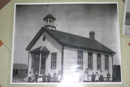 Historic view showing belfry and original porch of the Pomeroy School, Morden, 2011.; Historic Resources Branch, Manitoba Culture, Heritage and Tourism, 2011