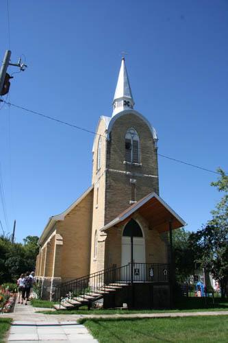 View of the principle facade of St. John the Baptist Anglican Church, Manitou, 2011; Historic Resources Branch, Manitoba Culture, Heritage and Tourism, 2011