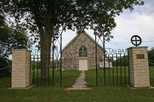 Contextual view of St. Mary's and St. Albans Anglican Church, Kaleida, 2011; Historic Resources Branch, Manitoba Culture, Heritage and Tourism, 2011