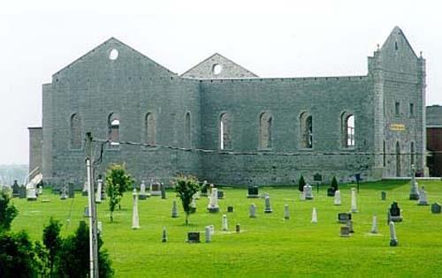 View of St. Raphael's Church Ruins and Cemetery, showing the façade, nave, and transept, 2000; MCL, 2000