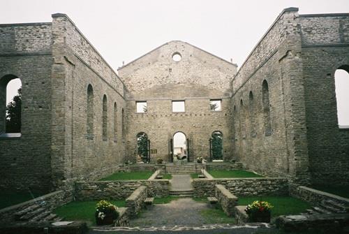 Interior of St. Raphael's Church Ruins showing walls of the nave, transepts and foundation, 2004.; OHT, 2004