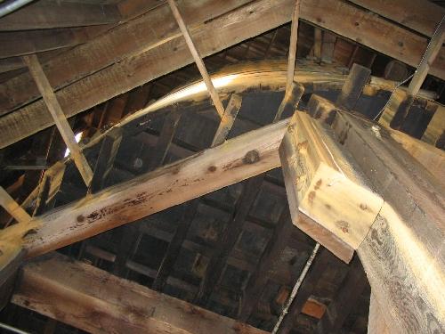 Looking up at original 40,000 gallon cedar water tank, 2004.; Government of Saskatchewan, Jennifer Bisson, 2004.
