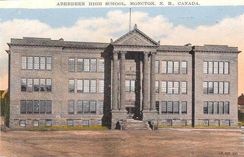This postcard view of Aberdeen School, dated c1930, shows the Greek Revival elements of the façade of the new school rebuilt in 1916.; Moncton Museum