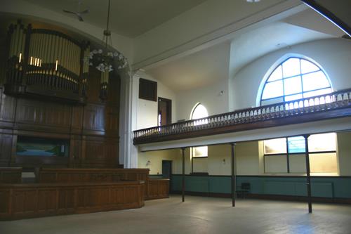 Interior of the First Baptist Church, Brandon 2013; Historic Resources Branch, Manitoba Tourism, Culture, Heritage, Sport and Consumer Protection, 2014