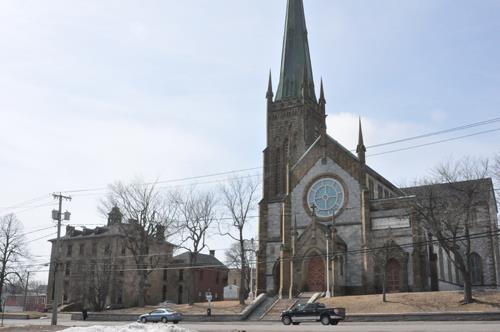 A view showing the context of the Cathedral of the Immaculate Conception and the adjacent Bishop's Palace.; Province of NB