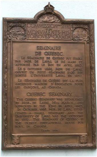 Original HSMBC plaque at the Québec Seminary; Parks Canada/Parcs Canada, Jim Molnar, 2003