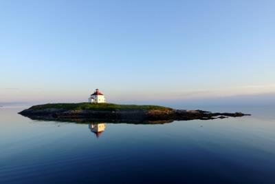 General view of Queensport Lighthouse showing its visual prominence in relation to the water and landscape; Lost Shores Gallery, Robert Carter