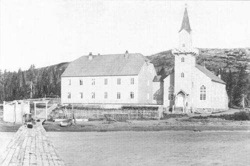 Historic postcard of the first Moravian Church in Makkovik, transported from Germany in 1896, and destroyed by fire in 1948.; HFNL 2006
