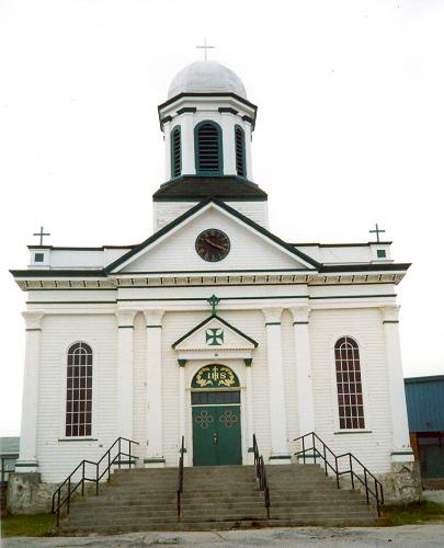 View of main facade, St. Joseph's Roman Catholic Church, St. George's, NL, August 2000.; Heritage Foundation of Newfoundland and Labrador 2005
