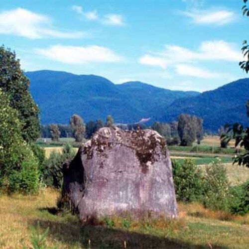 General view of the Xa:ytem /Hatzic Rock National Historic Site of Canada showing the siting of the transformer rock in a cleared area where it can be seen from various vantage points on or near the site, 2002.; Parks Canada Agency/Agence Parks Canada, B. Townsend, H.10.16.06.03(01), 2002.