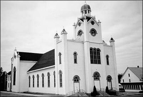 View of Our Lady of Mercy Church front and side elevations, Port au Port, NL.; HFNL 2005